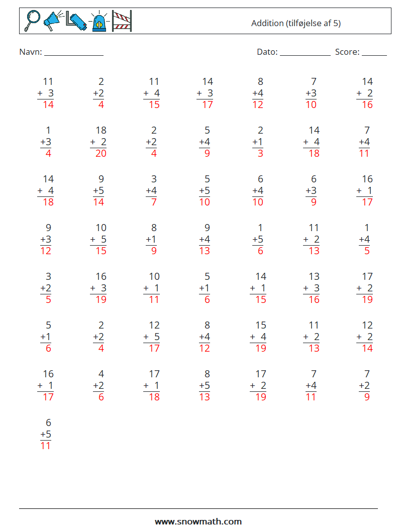 (50) Addition (tilføjelse af 5) Matematiske regneark 1 Spørgsmål, svar