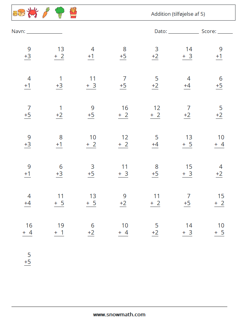 (50) Addition (tilføjelse af 5) Matematiske regneark 2