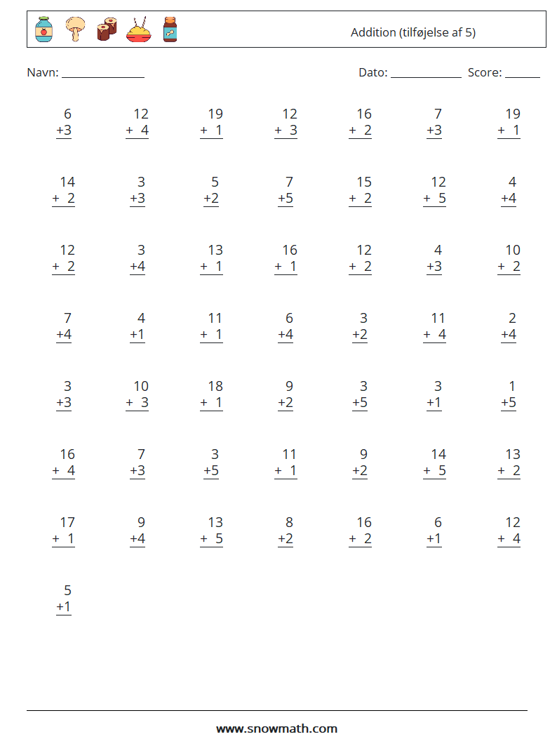 (50) Addition (tilføjelse af 5) Matematiske regneark 3