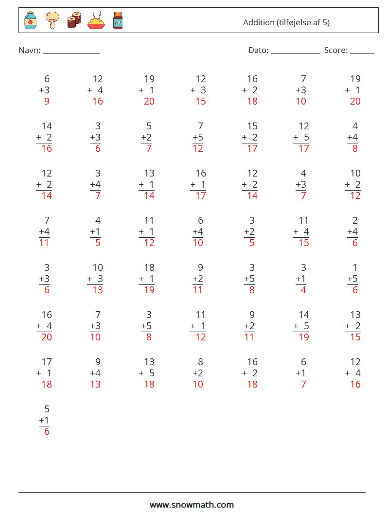 (50) Addition (tilføjelse af 5) Matematiske regneark 3 Spørgsmål, svar