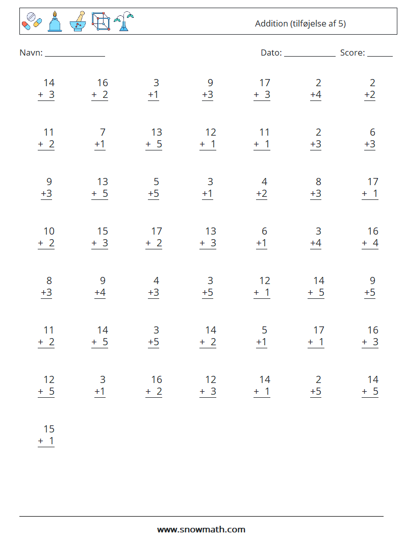 (50) Addition (tilføjelse af 5) Matematiske regneark 4