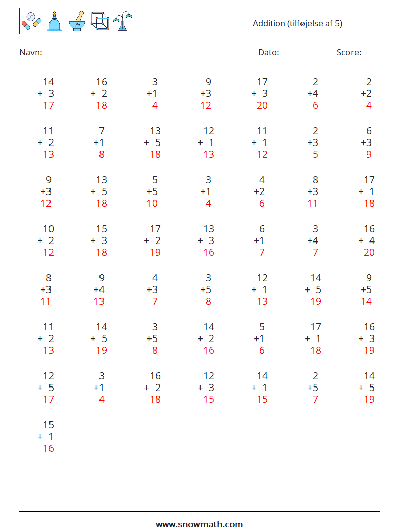 (50) Addition (tilføjelse af 5) Matematiske regneark 4 Spørgsmål, svar