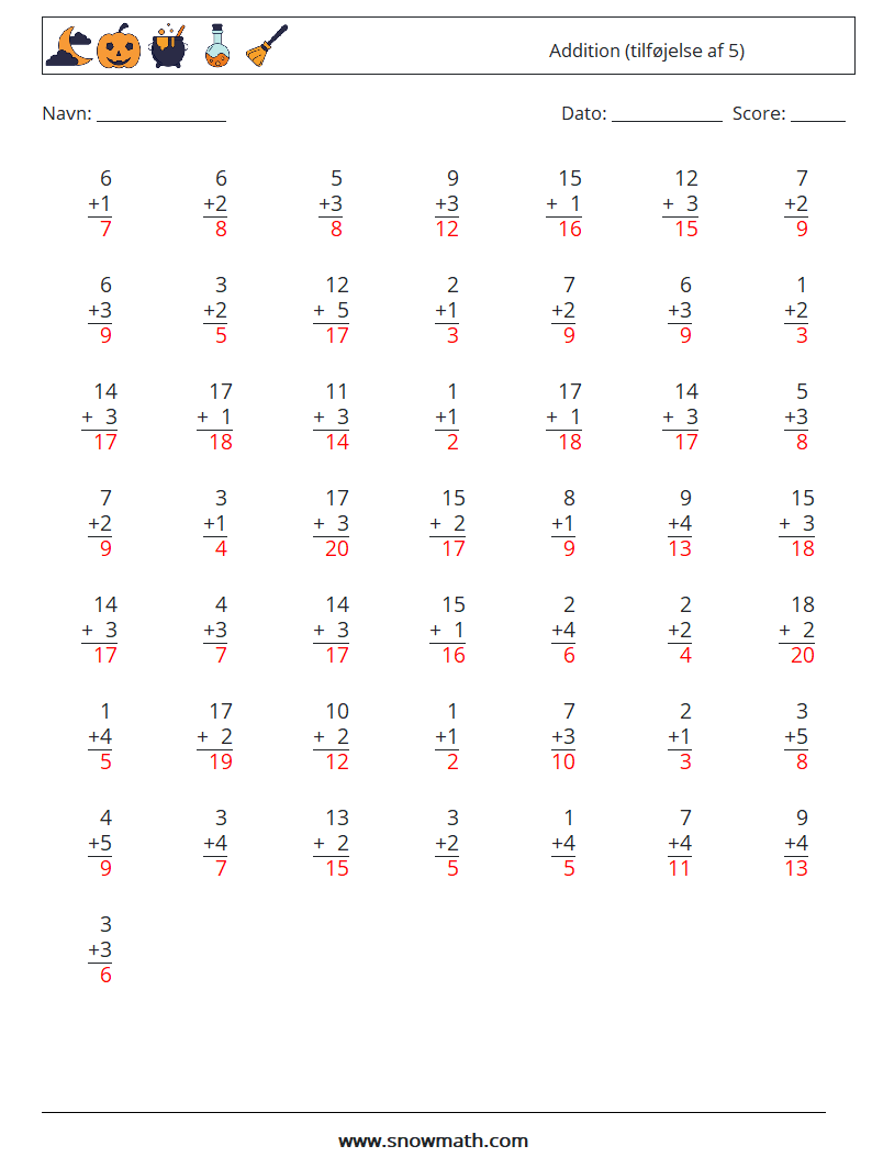 (50) Addition (tilføjelse af 5) Matematiske regneark 6 Spørgsmål, svar