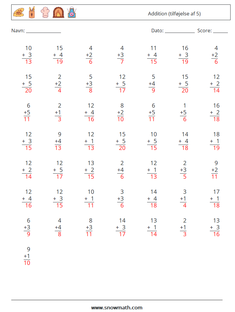 (50) Addition (tilføjelse af 5) Matematiske regneark 7 Spørgsmål, svar