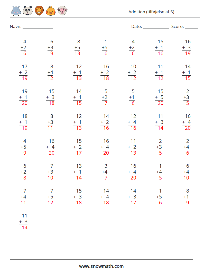 (50) Addition (tilføjelse af 5) Matematiske regneark 8 Spørgsmål, svar