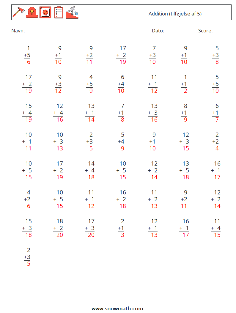 (50) Addition (tilføjelse af 5) Matematiske regneark 9 Spørgsmål, svar