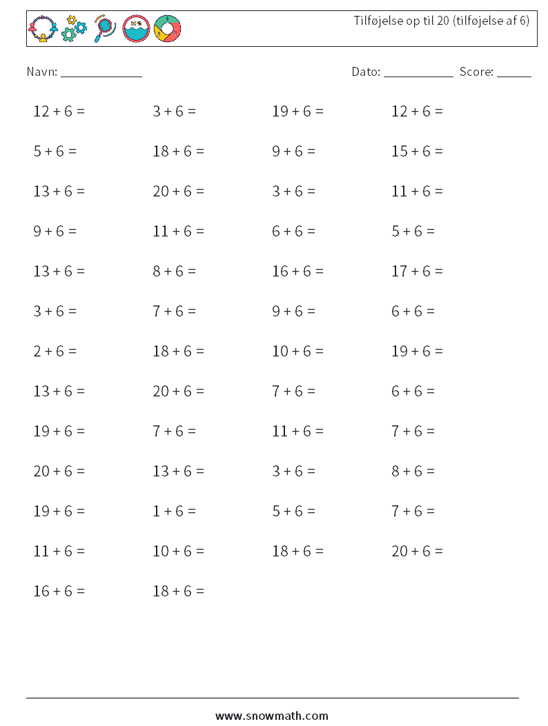 (50) Tilføjelse op til 20 (tilføjelse af 6) Matematiske regneark 1