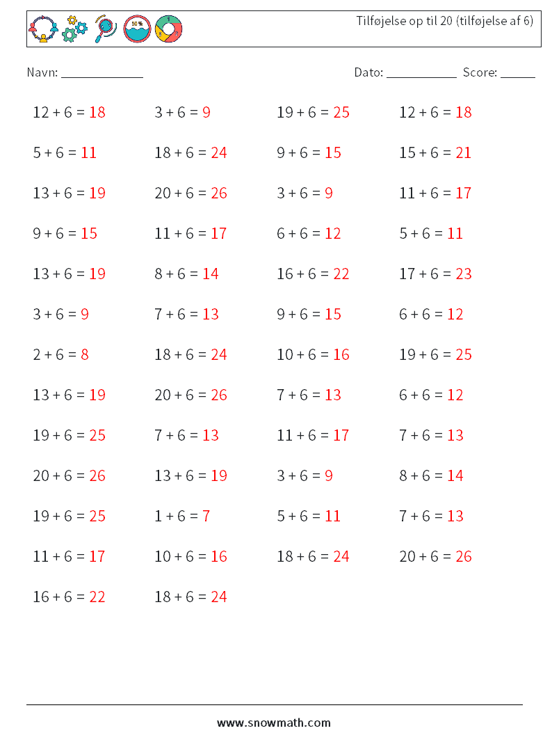 (50) Tilføjelse op til 20 (tilføjelse af 6) Matematiske regneark 1 Spørgsmål, svar