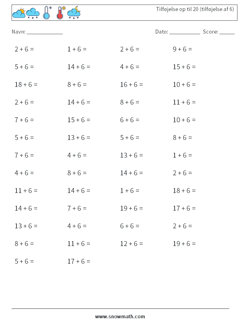 (50) Tilføjelse op til 20 (tilføjelse af 6) Matematiske regneark 3