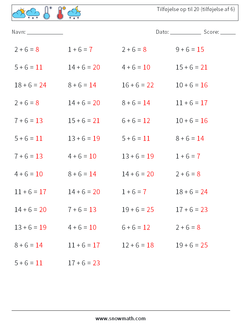 (50) Tilføjelse op til 20 (tilføjelse af 6) Matematiske regneark 3 Spørgsmål, svar