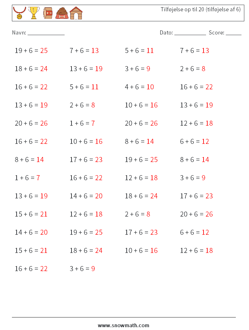 (50) Tilføjelse op til 20 (tilføjelse af 6) Matematiske regneark 7 Spørgsmål, svar