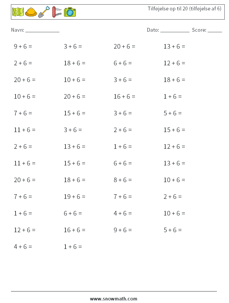 (50) Tilføjelse op til 20 (tilføjelse af 6) Matematiske regneark 8