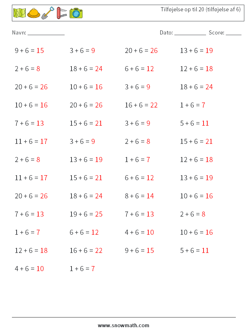 (50) Tilføjelse op til 20 (tilføjelse af 6) Matematiske regneark 8 Spørgsmål, svar