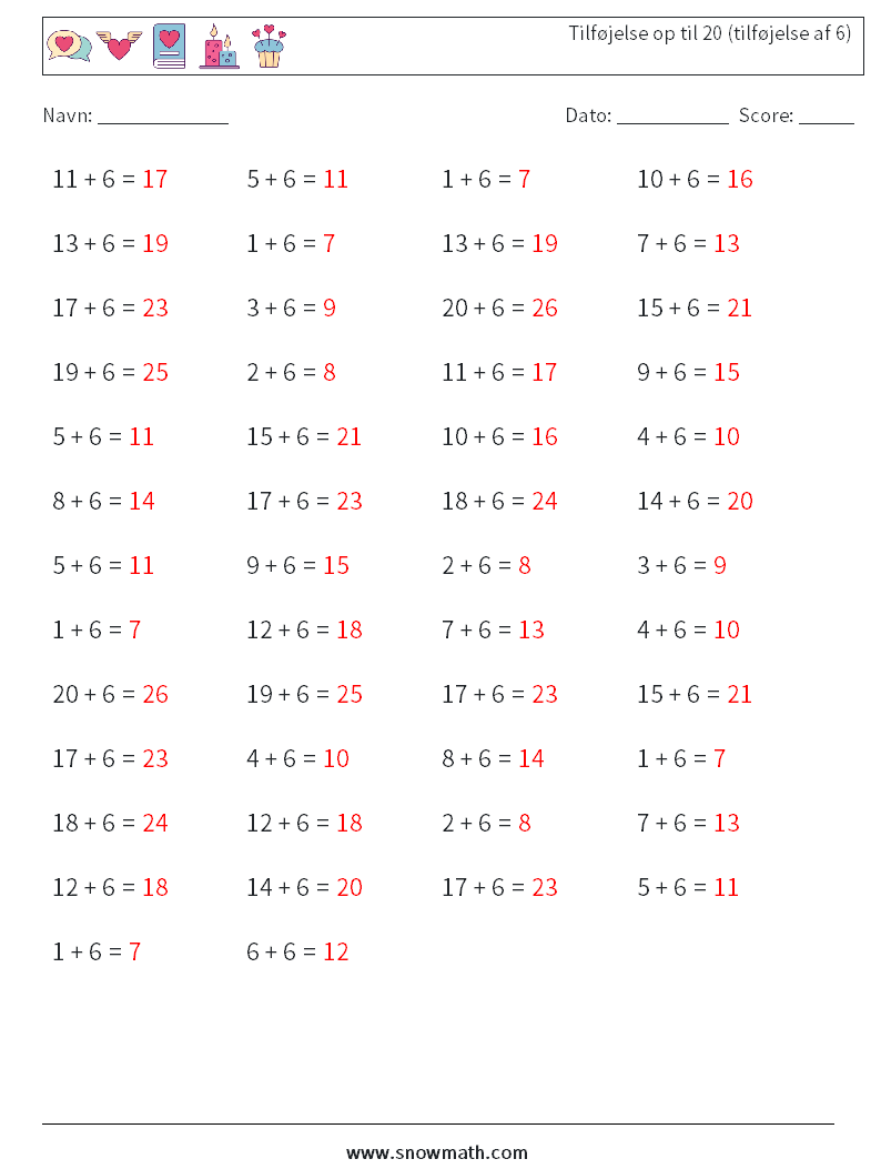 (50) Tilføjelse op til 20 (tilføjelse af 6) Matematiske regneark 9 Spørgsmål, svar