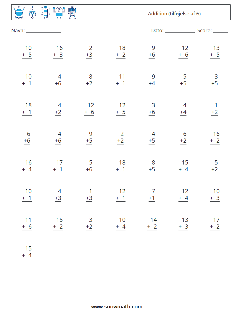 (50) Addition (tilføjelse af 6) Matematiske regneark 1