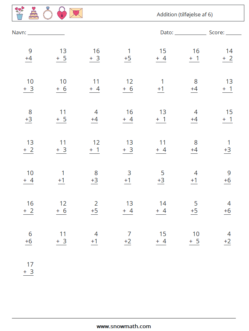 (50) Addition (tilføjelse af 6) Matematiske regneark 10