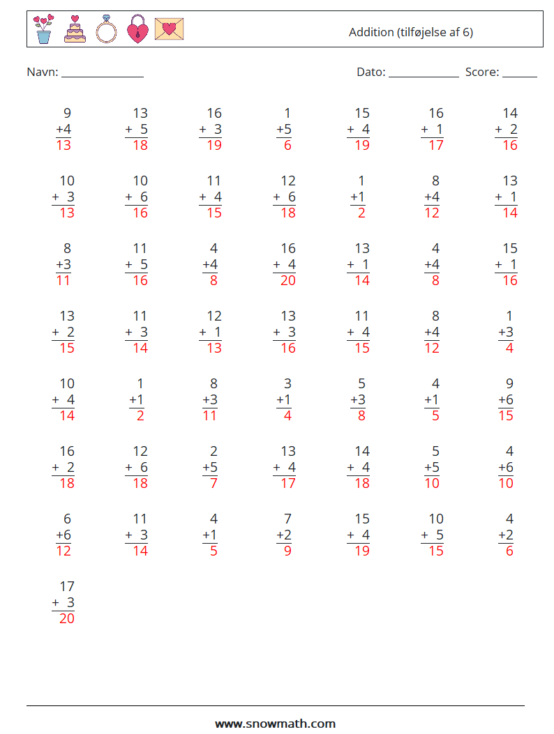 (50) Addition (tilføjelse af 6) Matematiske regneark 10 Spørgsmål, svar