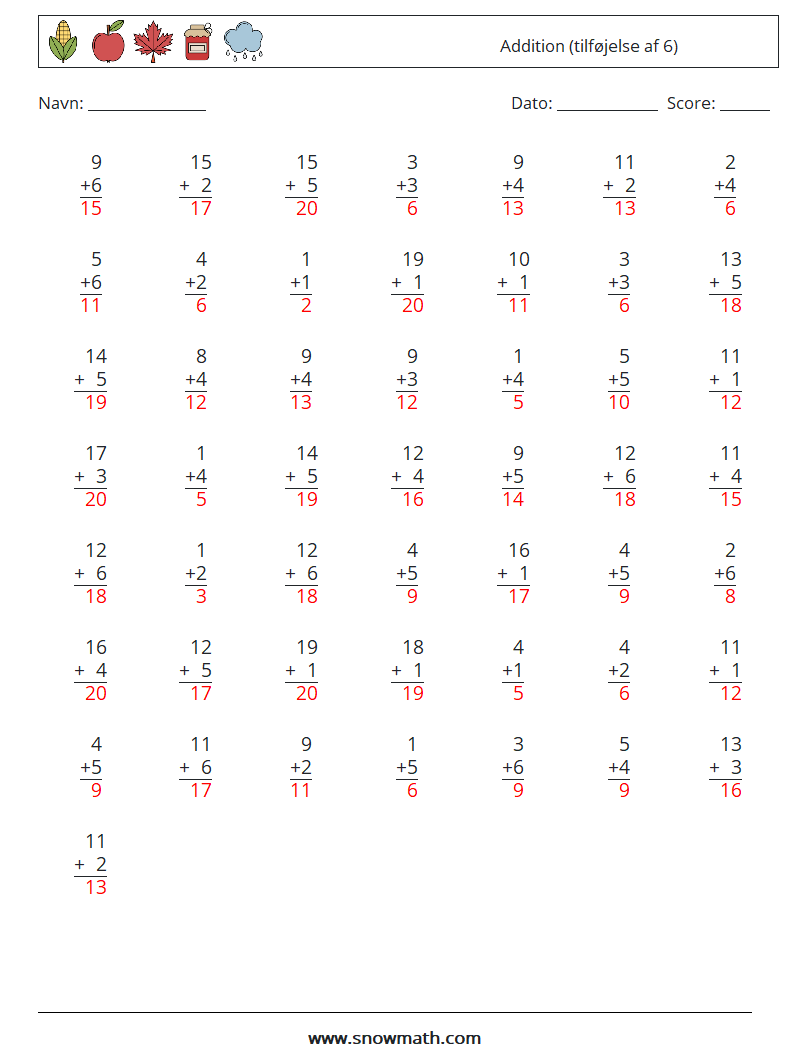 (50) Addition (tilføjelse af 6) Matematiske regneark 11 Spørgsmål, svar