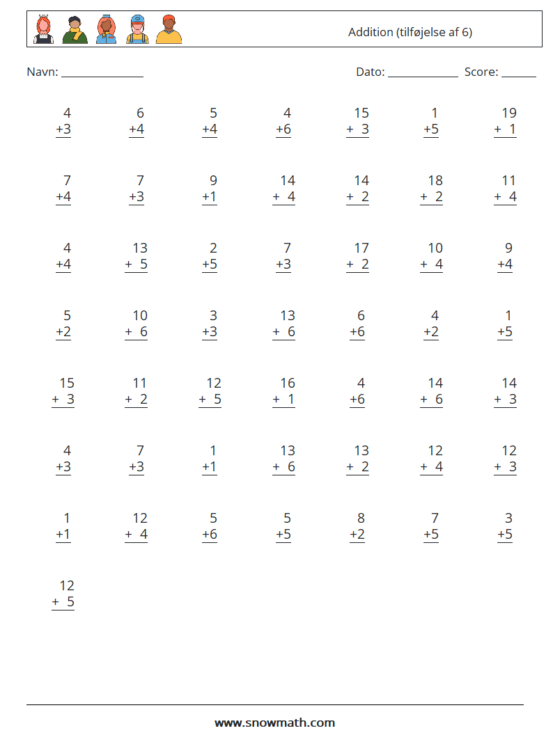 (50) Addition (tilføjelse af 6) Matematiske regneark 12