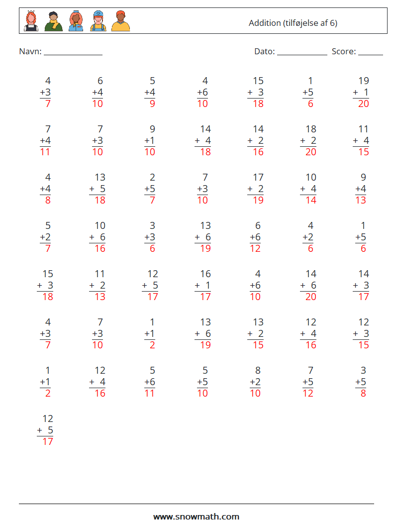 (50) Addition (tilføjelse af 6) Matematiske regneark 12 Spørgsmål, svar