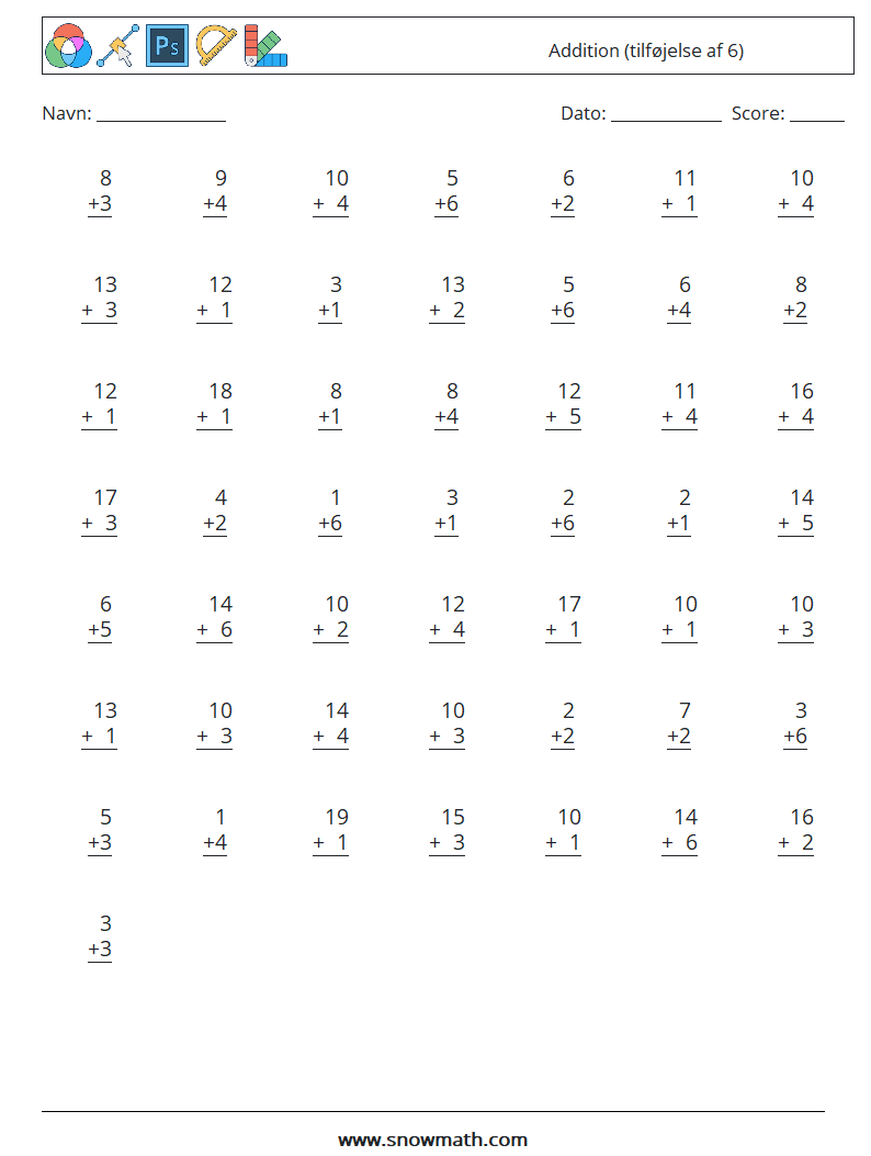 (50) Addition (tilføjelse af 6) Matematiske regneark 13