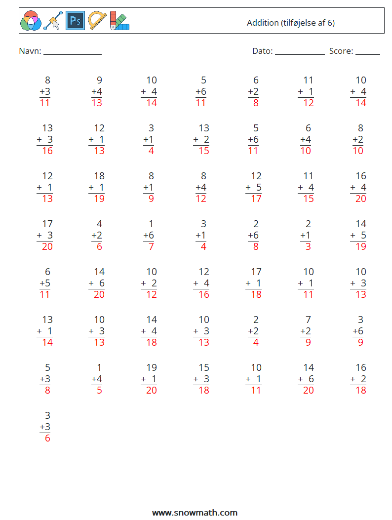 (50) Addition (tilføjelse af 6) Matematiske regneark 13 Spørgsmål, svar