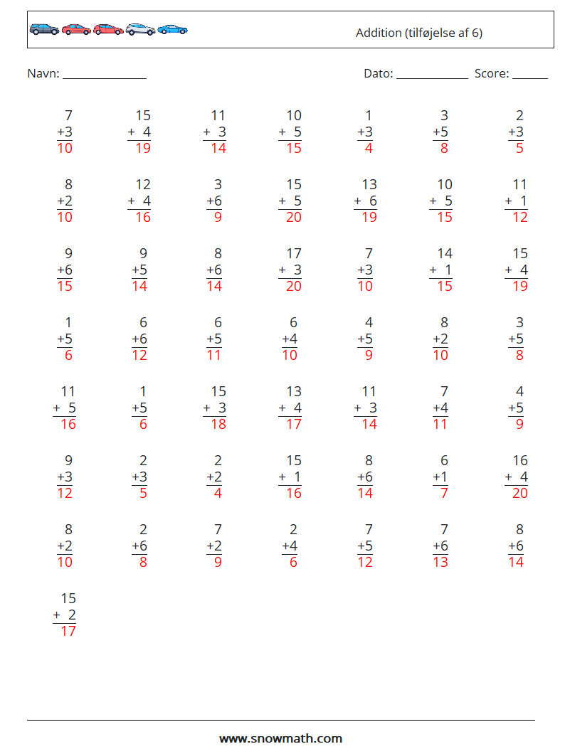 (50) Addition (tilføjelse af 6) Matematiske regneark 14 Spørgsmål, svar