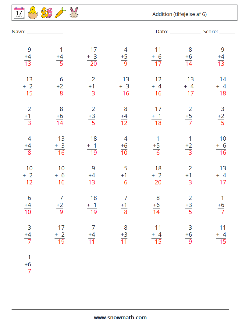 (50) Addition (tilføjelse af 6) Matematiske regneark 15 Spørgsmål, svar