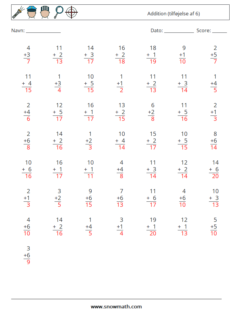 (50) Addition (tilføjelse af 6) Matematiske regneark 16 Spørgsmål, svar