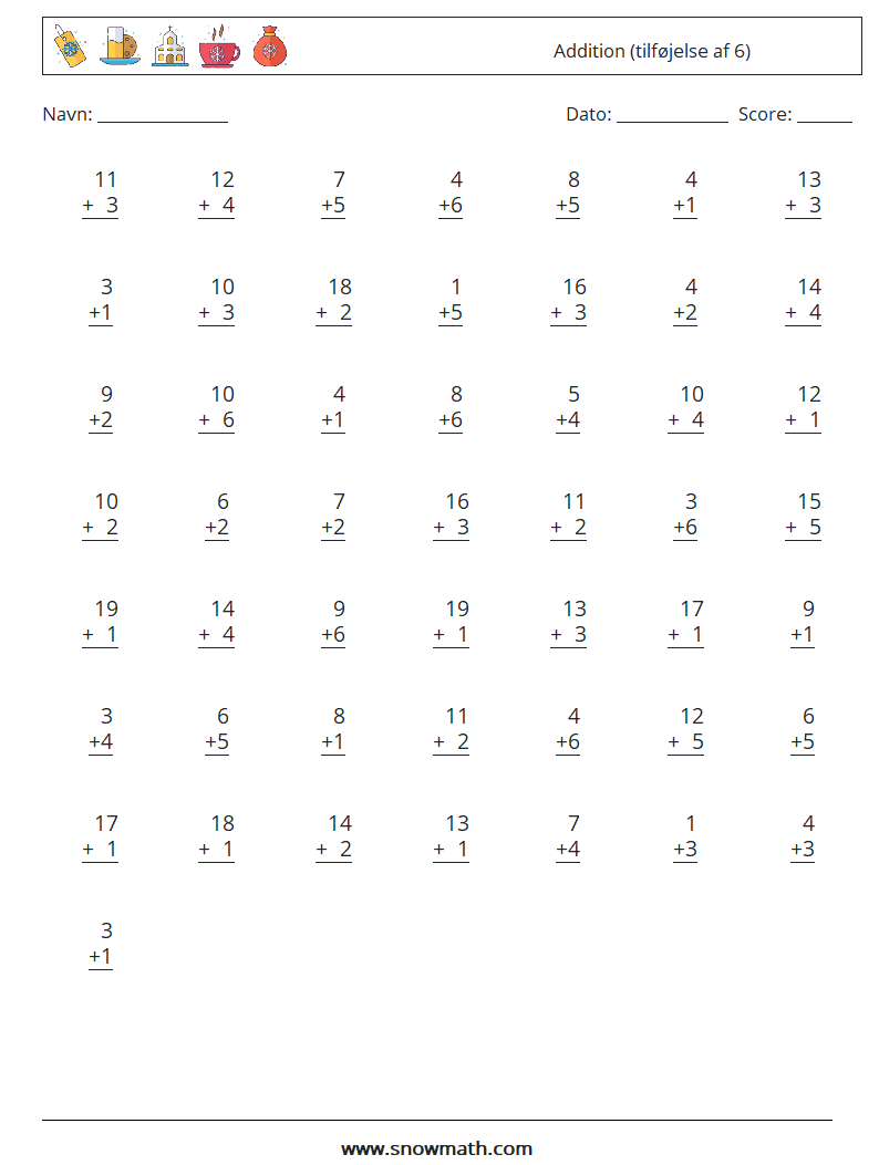 (50) Addition (tilføjelse af 6) Matematiske regneark 17