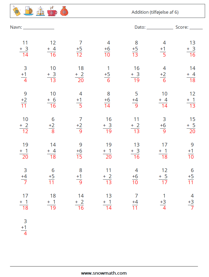 (50) Addition (tilføjelse af 6) Matematiske regneark 17 Spørgsmål, svar