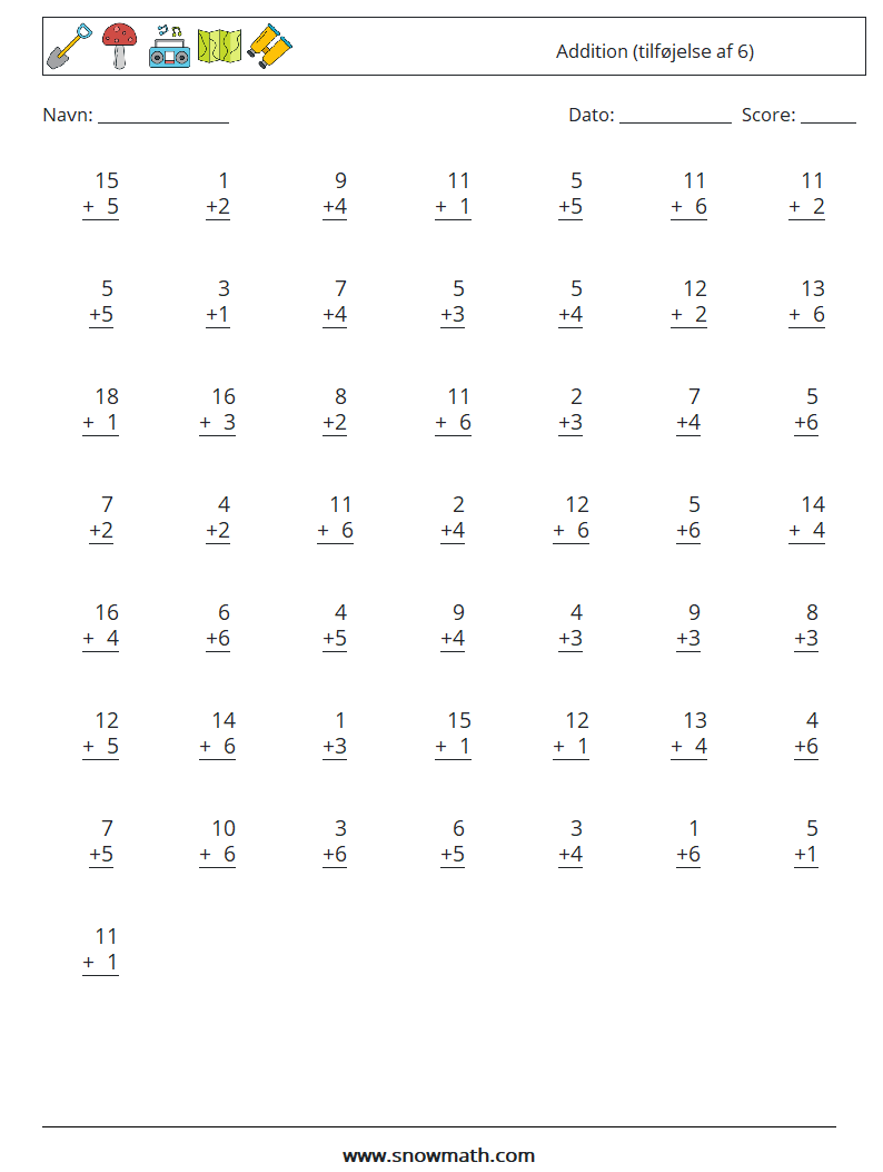 (50) Addition (tilføjelse af 6) Matematiske regneark 18