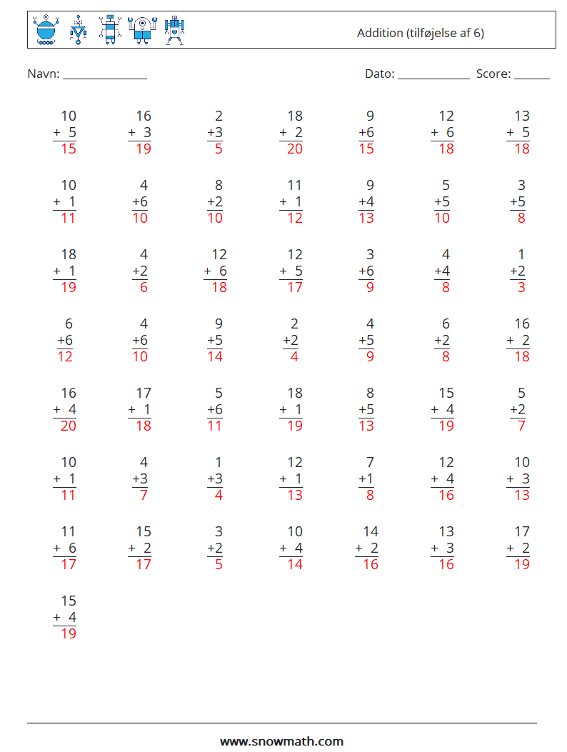 (50) Addition (tilføjelse af 6) Matematiske regneark 1 Spørgsmål, svar