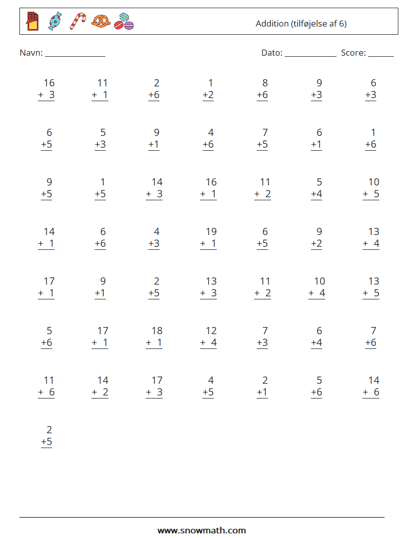 (50) Addition (tilføjelse af 6) Matematiske regneark 3