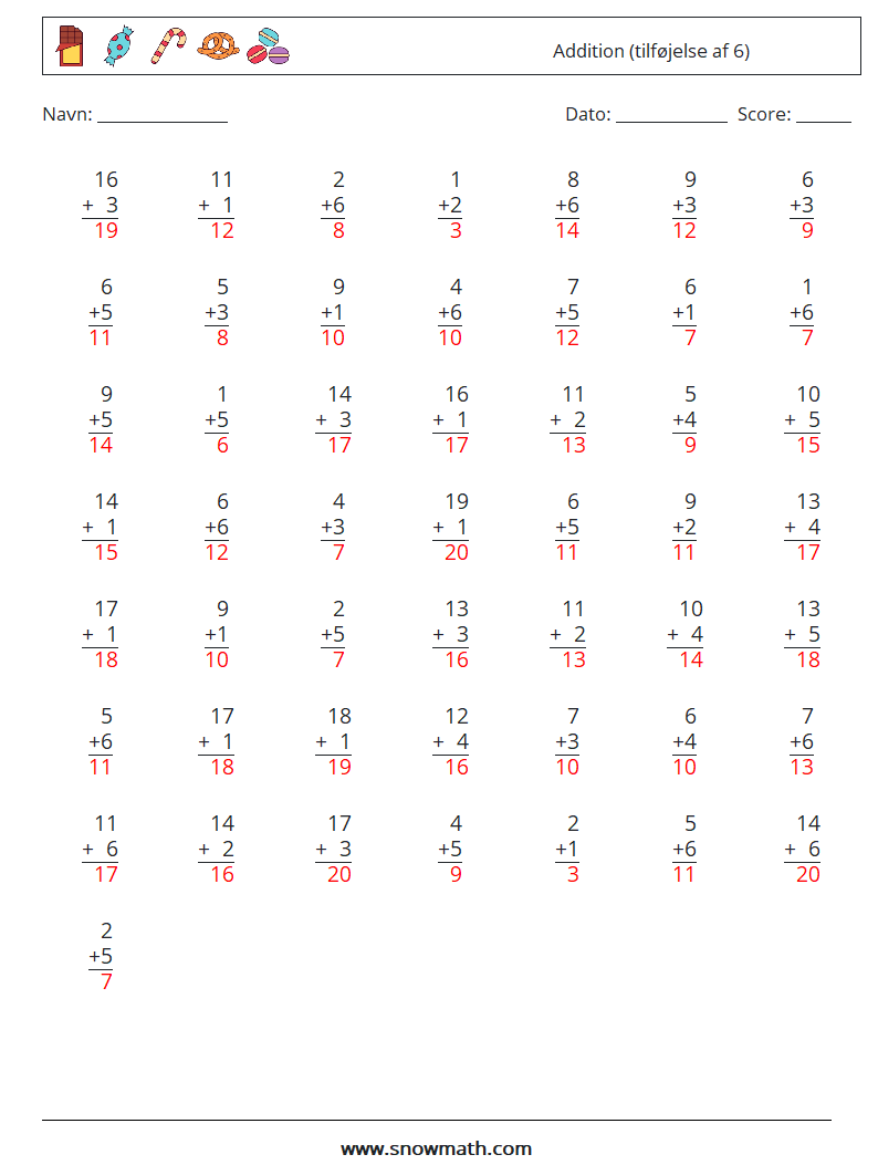 (50) Addition (tilføjelse af 6) Matematiske regneark 3 Spørgsmål, svar