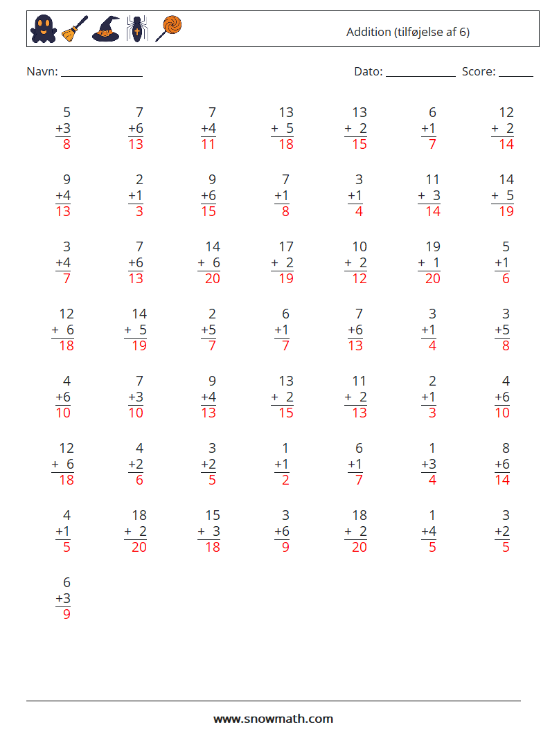 (50) Addition (tilføjelse af 6) Matematiske regneark 4 Spørgsmål, svar