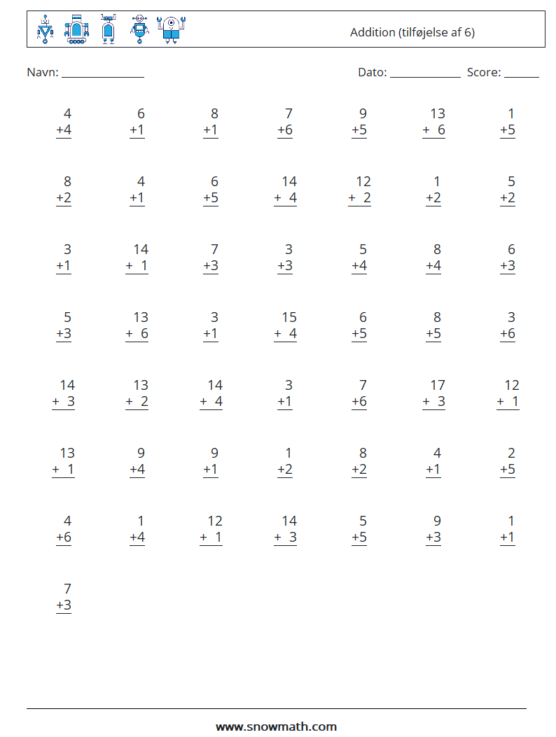 (50) Addition (tilføjelse af 6) Matematiske regneark 5