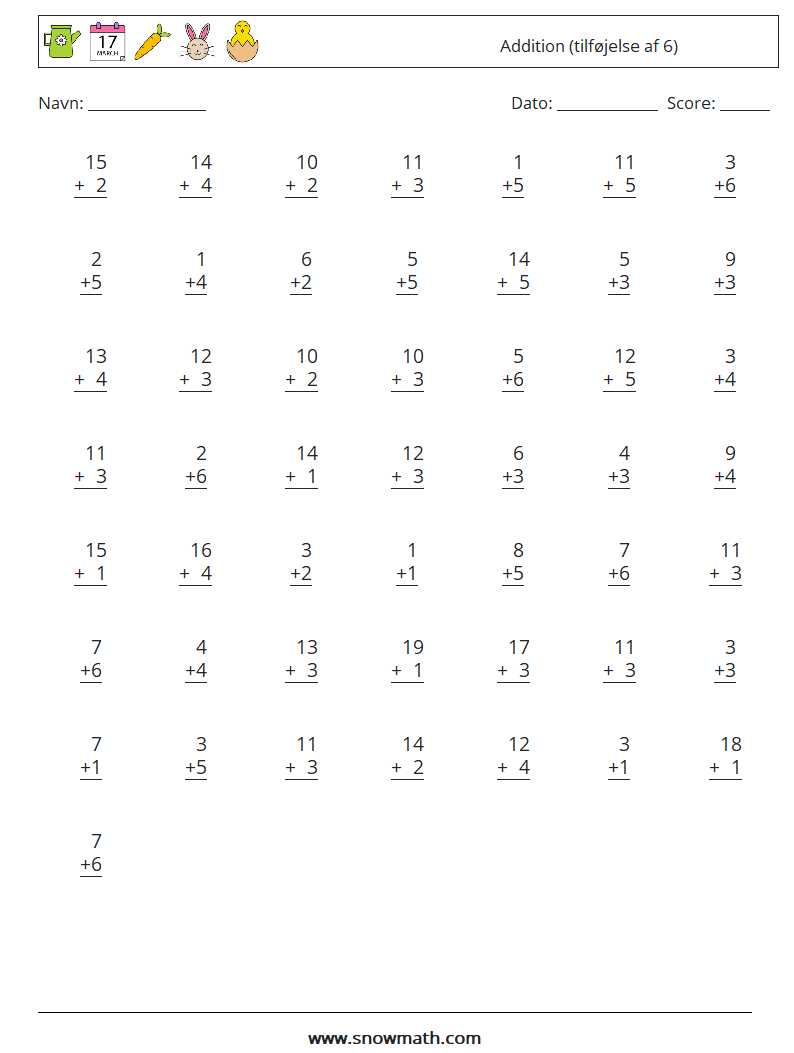 (50) Addition (tilføjelse af 6) Matematiske regneark 6