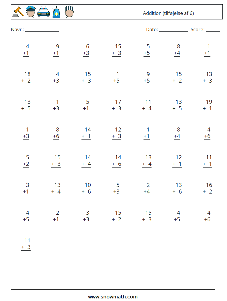 (50) Addition (tilføjelse af 6) Matematiske regneark 7