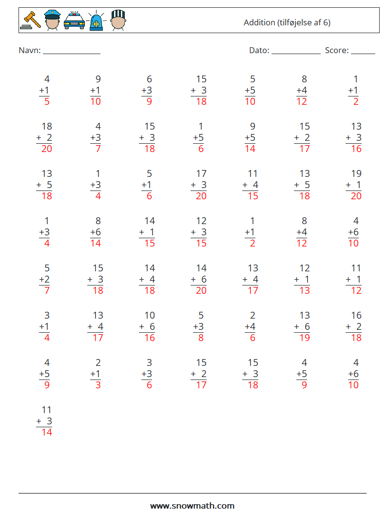 (50) Addition (tilføjelse af 6) Matematiske regneark 7 Spørgsmål, svar