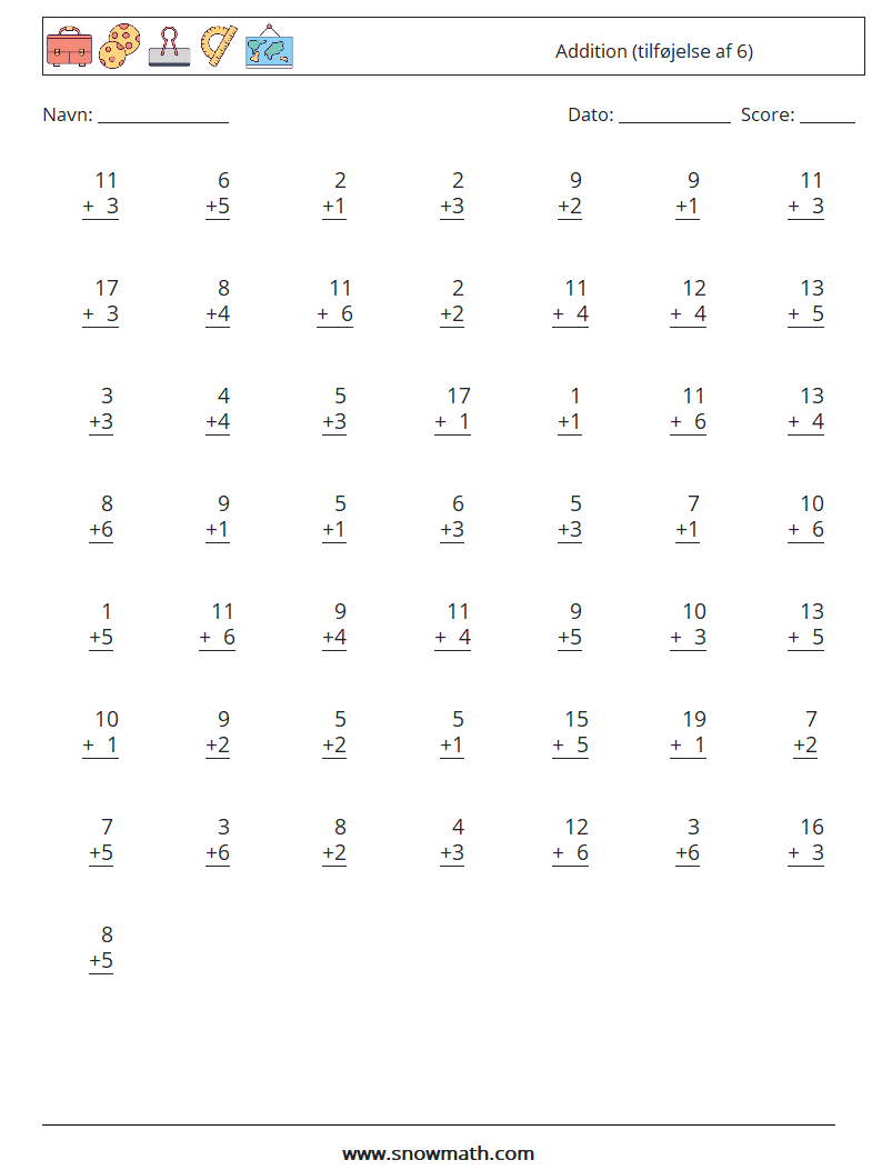 (50) Addition (tilføjelse af 6) Matematiske regneark 8