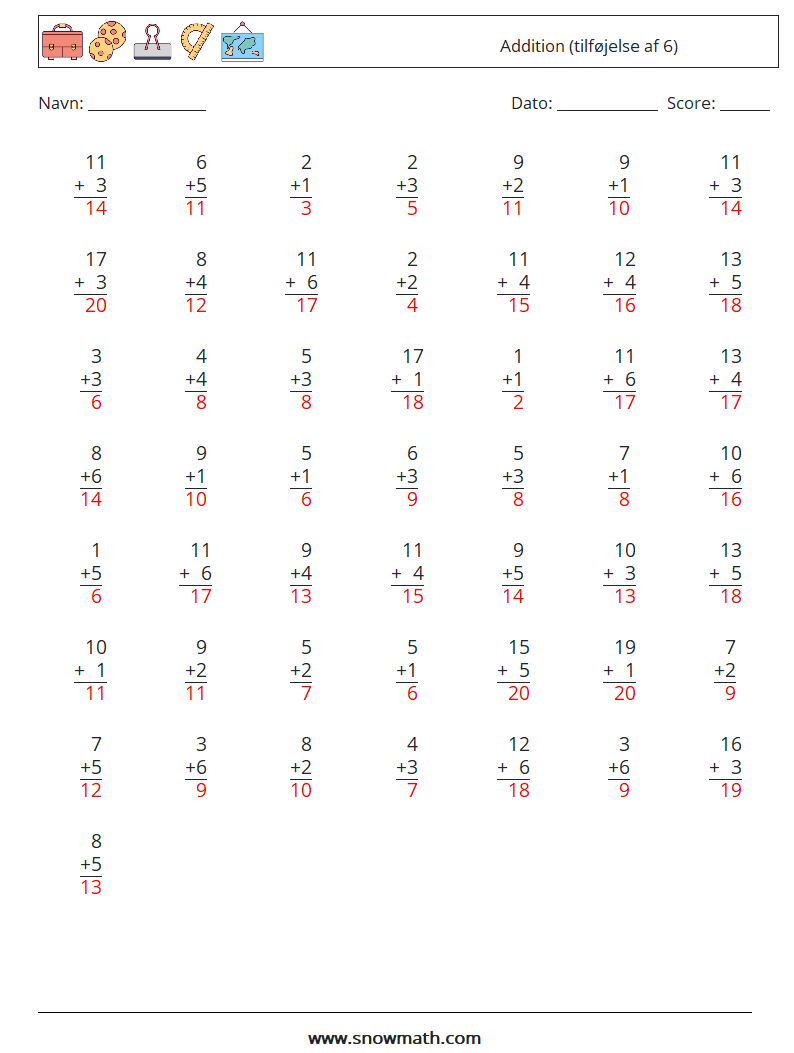 (50) Addition (tilføjelse af 6) Matematiske regneark 8 Spørgsmål, svar