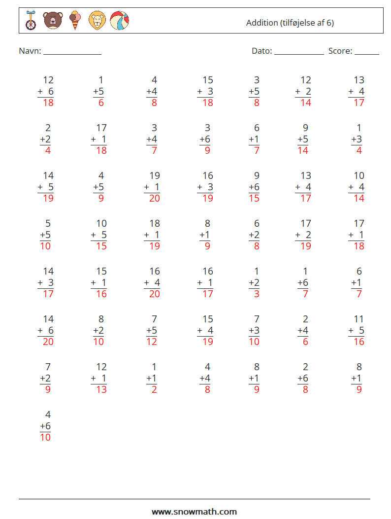 (50) Addition (tilføjelse af 6) Matematiske regneark 9 Spørgsmål, svar