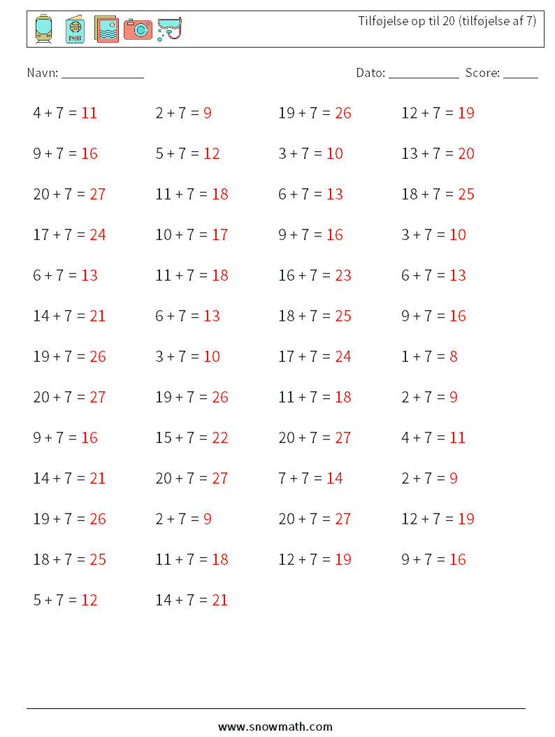 (50) Tilføjelse op til 20 (tilføjelse af 7) Matematiske regneark 1 Spørgsmål, svar