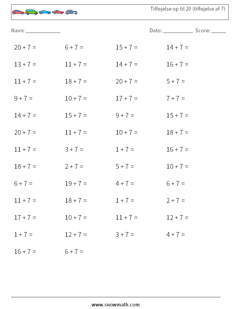 (50) Tilføjelse op til 20 (tilføjelse af 7) Matematiske regneark 2