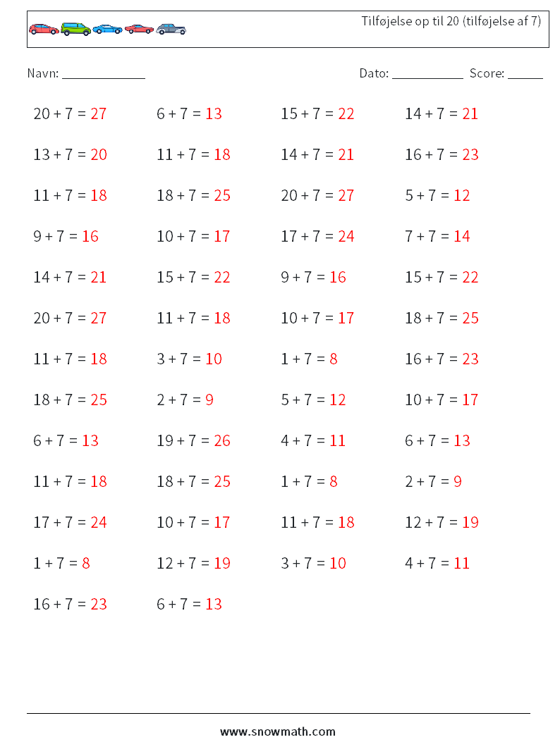 (50) Tilføjelse op til 20 (tilføjelse af 7) Matematiske regneark 2 Spørgsmål, svar