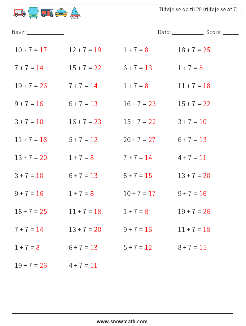 (50) Tilføjelse op til 20 (tilføjelse af 7) Matematiske regneark 3 Spørgsmål, svar