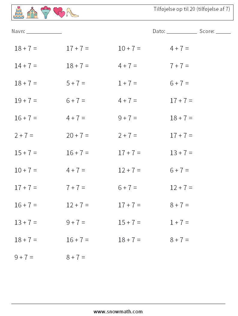 (50) Tilføjelse op til 20 (tilføjelse af 7) Matematiske regneark 4