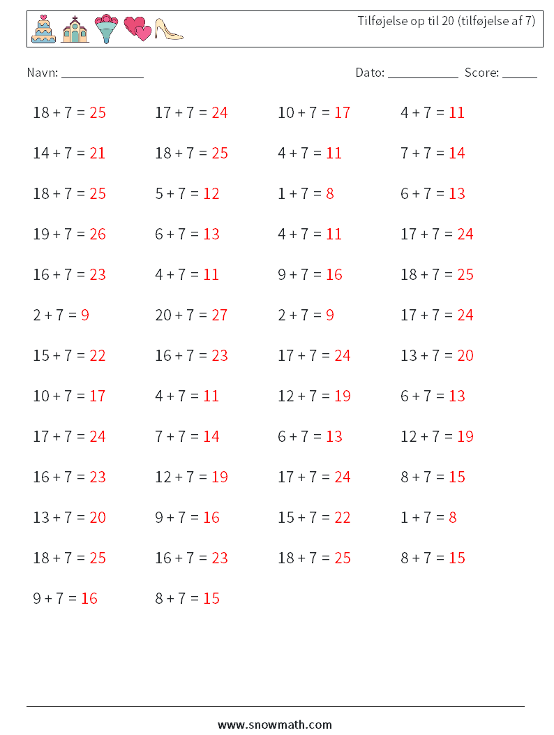 (50) Tilføjelse op til 20 (tilføjelse af 7) Matematiske regneark 4 Spørgsmål, svar