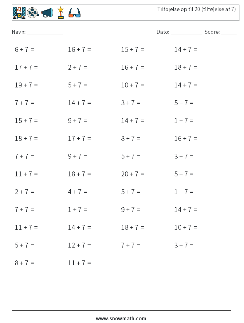 (50) Tilføjelse op til 20 (tilføjelse af 7) Matematiske regneark 5
